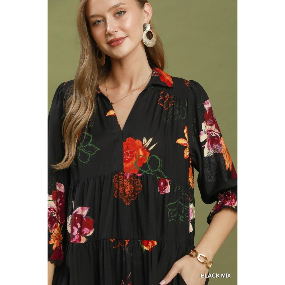 Umgee Floral Print Tiered Midi Dress with Puff Sleeves - Black Mix - Large - Picture 6 of 6
